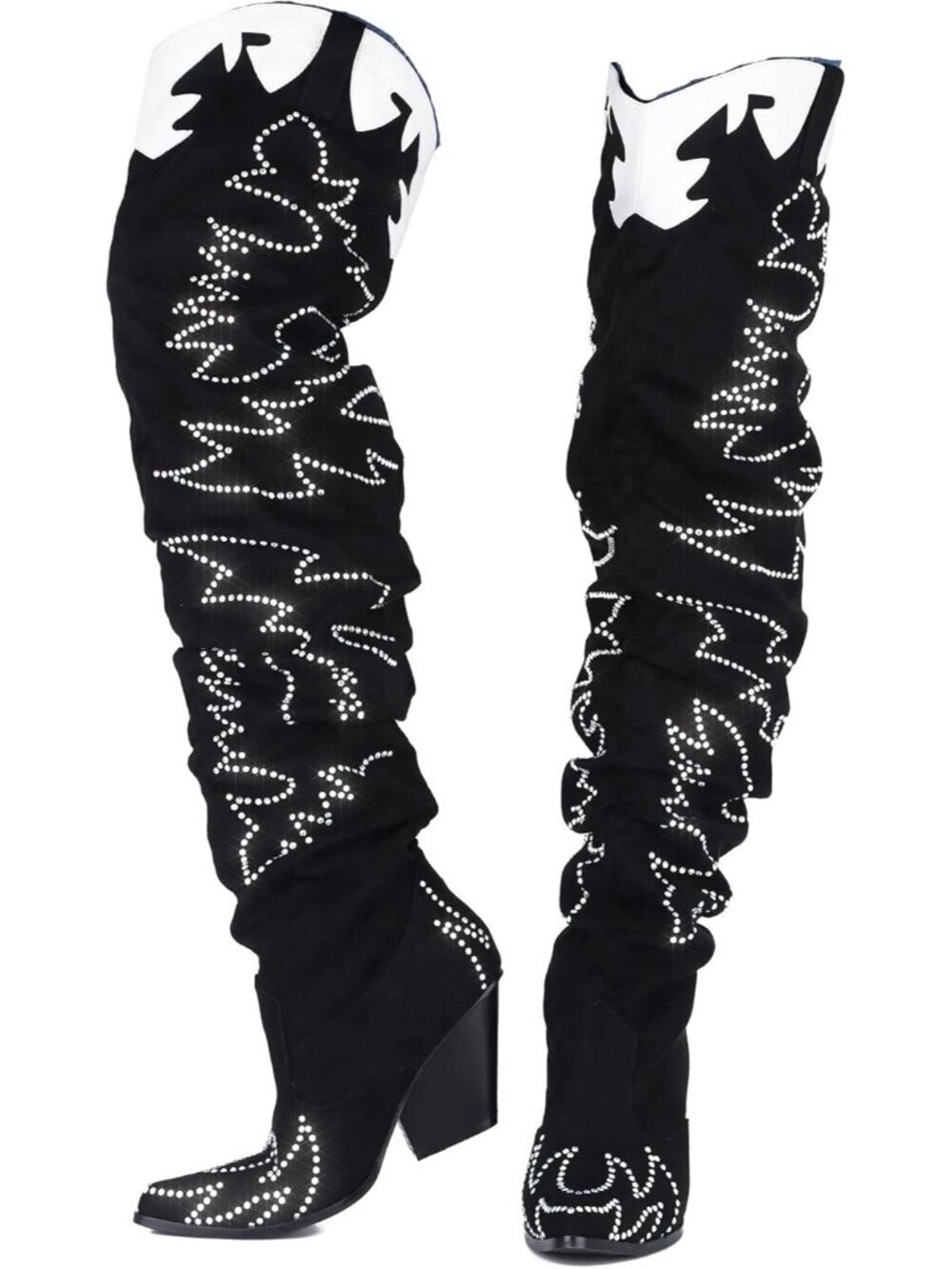 Women's Stone Black Thigh High Knee Chunky Block Heel Fashion Cowgirl Boots